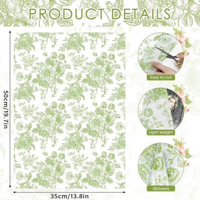 Alt view image 5 of 7 - Larcenciel Elegant Floral Tissue Paper for Gift Bags, Sage Green Flower Gift Wrapping Tissue Paper, Pretty Botanical Packing Supplies for Wedding Gifts, Birthday Presents & Crafts, 20x14 in 30 Sheets