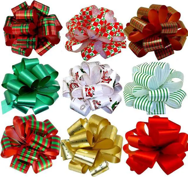 Main image of GiftWrap Etc. Christmas Gift Pull Bows - 5" Wide, Set of 9, Red, Green, Gold, Stripes, Swirls, Gift Bows, Christmas Presents, Birthday, Boxing Day, Hanukkah, Wreath, Swag, Christmas Tree, Fundraiser