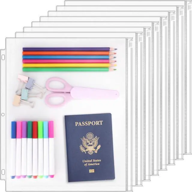 Main image of Antner 8 Pack Clear Letter Size Binder Pockets 3 Ring Binder Zipper Pouch Document Organizer, Waterproof PVC 3-Hole Loose Leaf File Bags Insert Sleeves Page Sheet Protectors Business Office Supplies