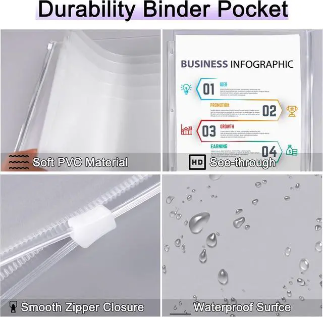 Alt view image 3 of 7 - Antner 8 Pack Clear Letter Size Binder Pockets 3 Ring Binder Zipper Pouch Document Organizer, Waterproof PVC 3-Hole Loose Leaf File Bags Insert Sleeves Page Sheet Protectors Business Office Supplies