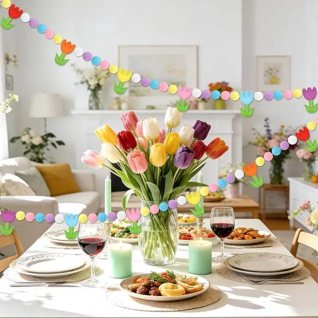 Alt view image 7 of 7 - Jansun 8.2 FT 3D Spring Colorful Tulip Floral Felt Pre-Strung Garland