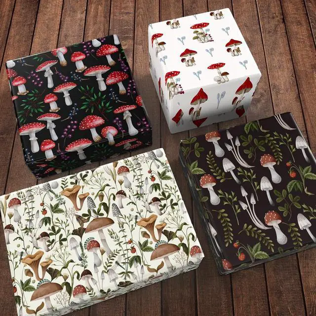 Alt view image 3 of 7 - ZINTBIAL Mushroom Wrapping Paper for Kids Adults- Black White Funny Plant Gift Packaging for Spring Easter Holiday - 20 x 29 Inches, 8 Folded Sheets, Easy to Store
