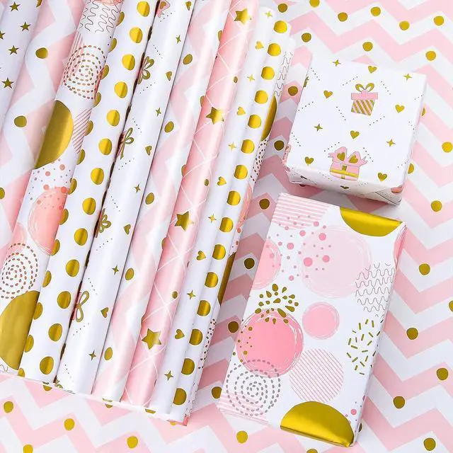 Main image of PLULON 6 Sheets Gold and Pink Birthday Gift Wrapping Paper, Gold Pink Gift Wrap Paper for Wedding, Birthdays, Hen Party, Baby Shower Decorations