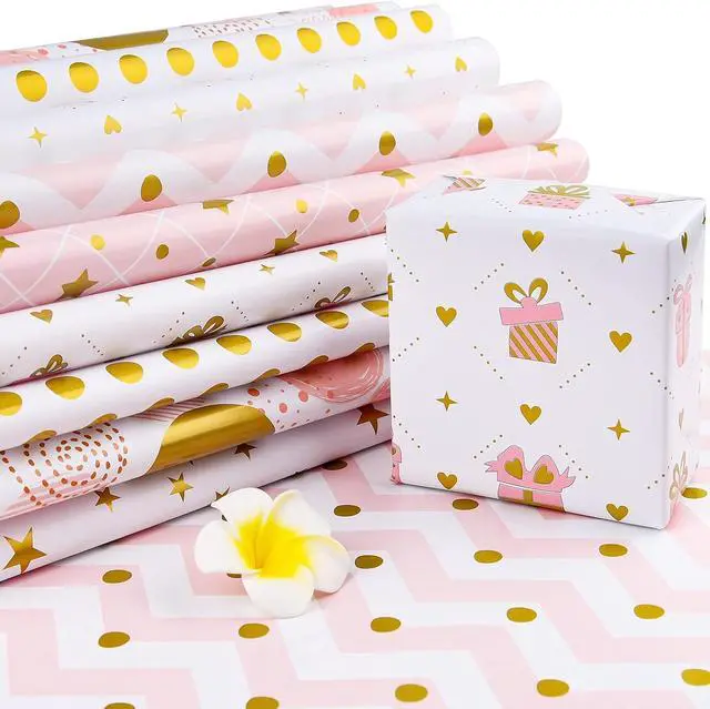 Alt view image 4 of 7 - PLULON 6 Sheets Gold and Pink Birthday Gift Wrapping Paper, Gold Pink Gift Wrap Paper for Wedding, Birthdays, Hen Party, Baby Shower Decorations