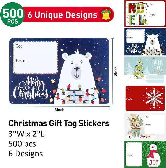 Alt view image 2 of 6 - SUNCOLOR Christmas Gift Tags, 500 Count, 3x2 Inch Self-Adhesive Labels, 6 Festive Designs, to-from Format for Holiday Present Wrapping and Gift Exchange