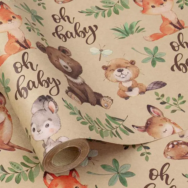 Main image of RUSPEPA Jungle Animal Wrapping Paper Roll, Mini Roll, Woodland Animal Design with Oh Baby Text Design Kraft Gift Wrap for Baby Shower, Newborn Gifts and Gender Reveal, 17 Inches x 9.8 Feet