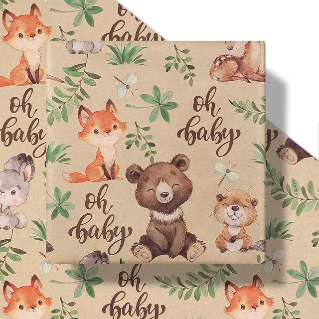 Alt view image 2 of 7 - RUSPEPA Jungle Animal Wrapping Paper Roll, Mini Roll, Woodland Animal Design with Oh Baby Text Design Kraft Gift Wrap for Baby Shower, Newborn Gifts and Gender Reveal, 17 Inches x 9.8 Feet