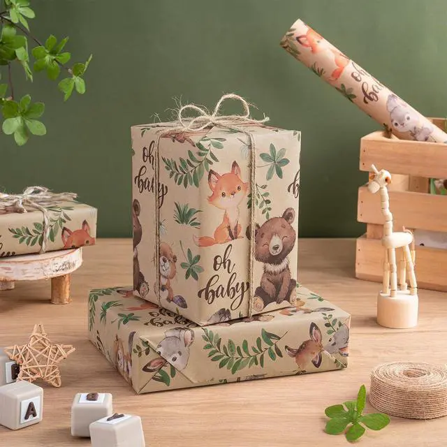 Alt view image 3 of 7 - RUSPEPA Jungle Animal Wrapping Paper Roll, Mini Roll, Woodland Animal Design with Oh Baby Text Design Kraft Gift Wrap for Baby Shower, Newborn Gifts and Gender Reveal, 17 Inches x 9.8 Feet