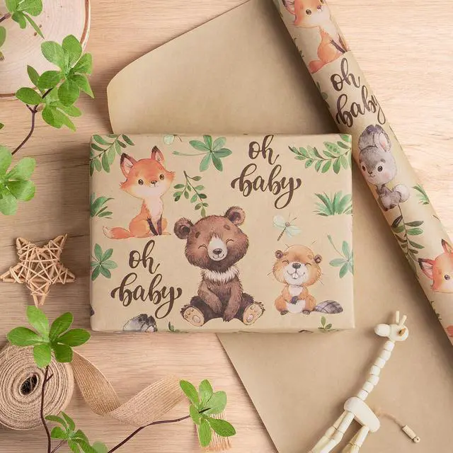 Alt view image 4 of 7 - RUSPEPA Jungle Animal Wrapping Paper Roll, Mini Roll, Woodland Animal Design with Oh Baby Text Design Kraft Gift Wrap for Baby Shower, Newborn Gifts and Gender Reveal, 17 Inches x 9.8 Feet