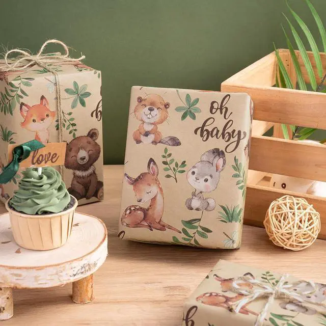 Alt view image 5 of 7 - RUSPEPA Jungle Animal Wrapping Paper Roll, Mini Roll, Woodland Animal Design with Oh Baby Text Design Kraft Gift Wrap for Baby Shower, Newborn Gifts and Gender Reveal, 17 Inches x 9.8 Feet