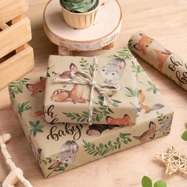 Alt view image 6 of 7 - RUSPEPA Jungle Animal Wrapping Paper Roll, Mini Roll, Woodland Animal Design with Oh Baby Text Design Kraft Gift Wrap for Baby Shower, Newborn Gifts and Gender Reveal, 17 Inches x 9.8 Feet