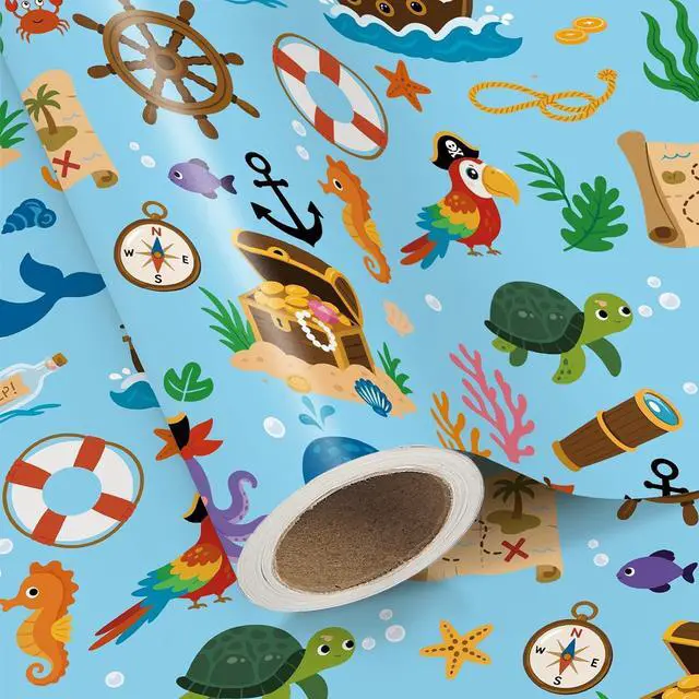 Alt view image 2 of 7 - WRAPAHOLIC Ocean Wrapping Paper Roll - Mini Roll - 17 Inch x 9.8 Feet - Pirate Whales Dolphins Fishes Sea Blue Design for Boys Girls Kids Birthday, Baby Shower