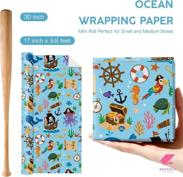 Alt view image 3 of 7 - WRAPAHOLIC Ocean Wrapping Paper Roll - Mini Roll - 17 Inch x 9.8 Feet - Pirate Whales Dolphins Fishes Sea Blue Design for Boys Girls Kids Birthday, Baby Shower