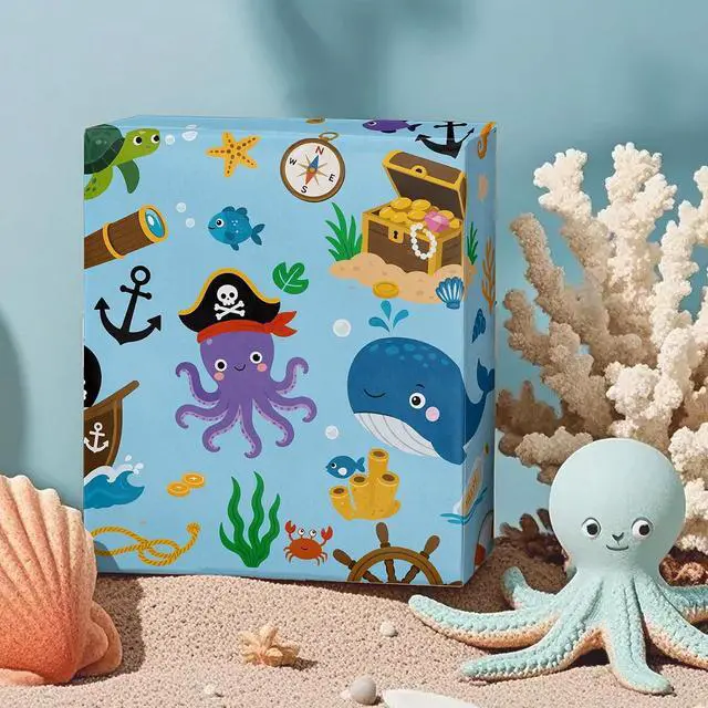 Alt view image 5 of 7 - WRAPAHOLIC Ocean Wrapping Paper Roll - Mini Roll - 17 Inch x 9.8 Feet - Pirate Whales Dolphins Fishes Sea Blue Design for Boys Girls Kids Birthday, Baby Shower