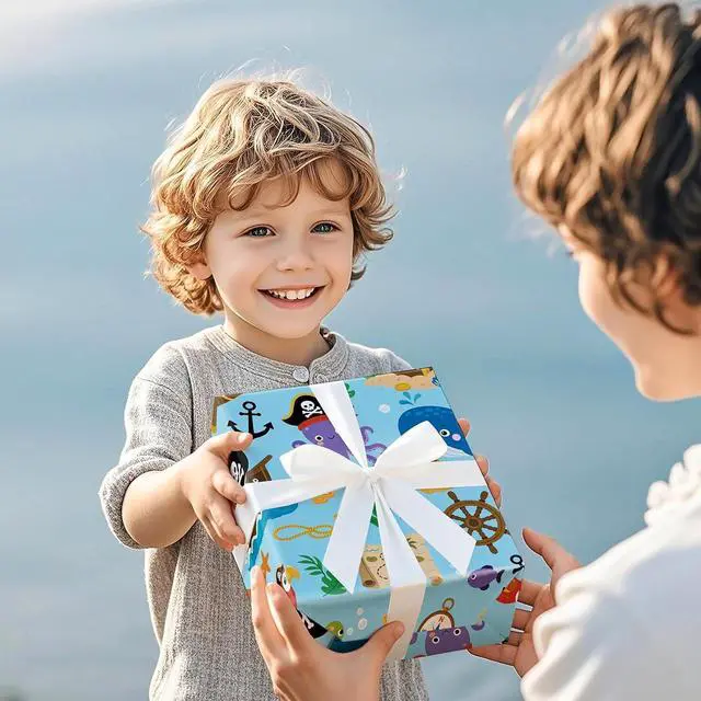 Alt view image 6 of 7 - WRAPAHOLIC Ocean Wrapping Paper Roll - Mini Roll - 17 Inch x 9.8 Feet - Pirate Whales Dolphins Fishes Sea Blue Design for Boys Girls Kids Birthday, Baby Shower