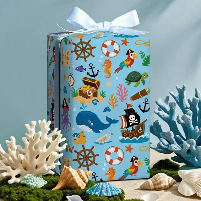 Alt view image 4 of 7 - WRAPAHOLIC Ocean Wrapping Paper Roll - Mini Roll - 17 Inch x 9.8 Feet - Pirate Whales Dolphins Fishes Sea Blue Design for Boys Girls Kids Birthday, Baby Shower