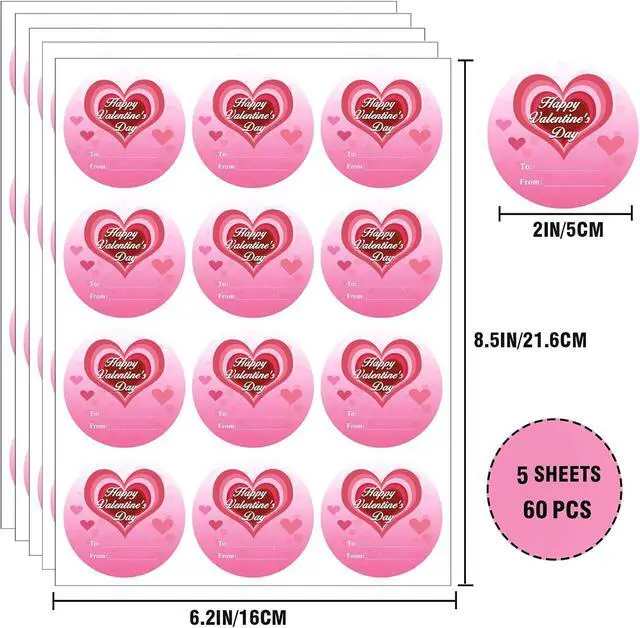 Alt view image 2 of 7 - Happy Valentine's Day Stickers, 60PCS 2Inch Round Pink Heart Cute Valentines Day Tag Stickers for Wrapping Paper, Card