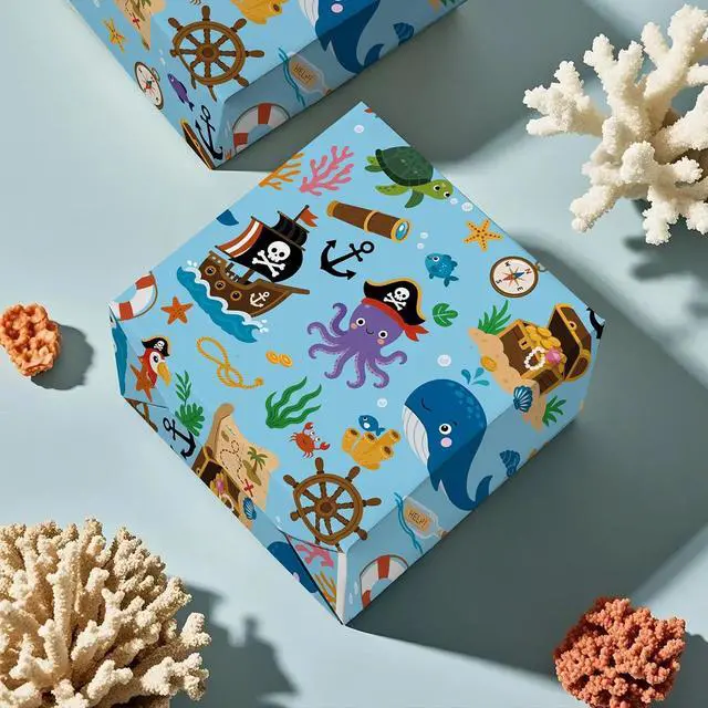Alt view image 7 of 7 - WRAPAHOLIC Ocean Wrapping Paper Roll - Mini Roll - 17 Inch x 9.8 Feet - Pirate Whales Dolphins Fishes Sea Blue Design for Boys Girls Kids Birthday, Baby Shower