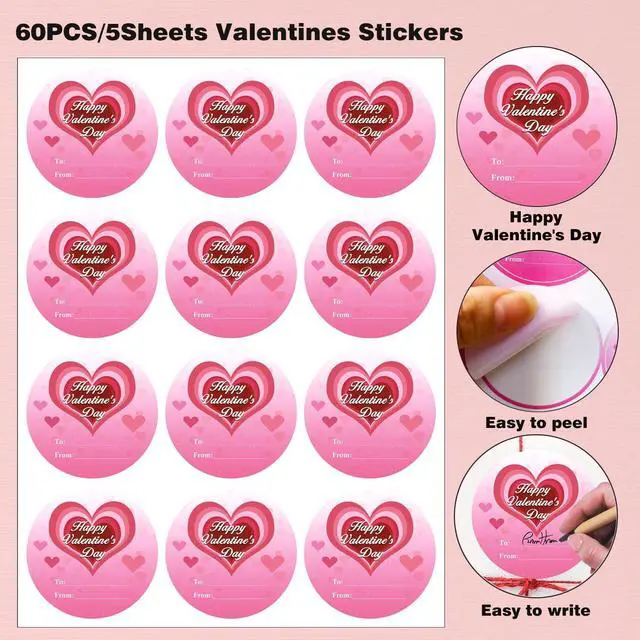 Alt view image 3 of 7 - Happy Valentine's Day Stickers, 60PCS 2Inch Round Pink Heart Cute Valentines Day Tag Stickers for Wrapping Paper, Card