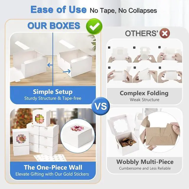 Alt view image 2 of 6 - 4-Inch Small Cookie Boxes 25 Pcs White - Bakery Treat Boxes with Window for Gifting, To-go Containers for Cake Slice, Macarons, Donuts 4x4x2.5