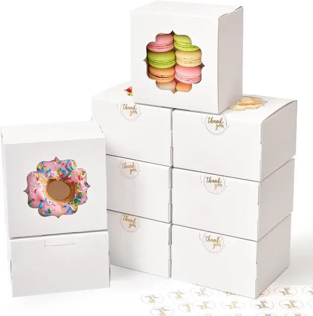 Main image of 4-Inch Small Cookie Boxes 25 Pcs White - Bakery Treat Boxes with Window for Gifting, To-go Containers for Cake Slice, Macarons, Donuts 4x4x2.5