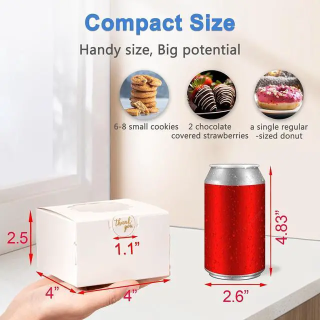 Alt view image 3 of 6 - 4-Inch Small Cookie Boxes 25 Pcs White - Bakery Treat Boxes with Window for Gifting, To-go Containers for Cake Slice, Macarons, Donuts 4x4x2.5