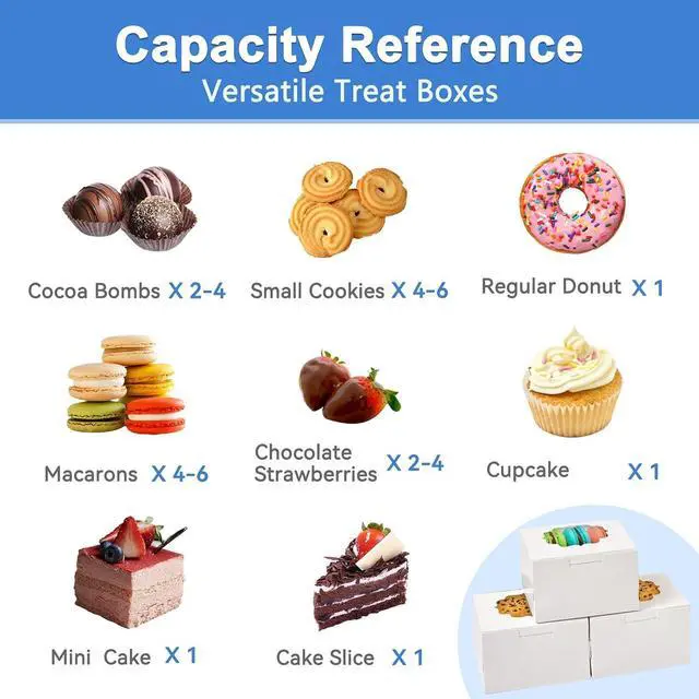 Alt view image 5 of 6 - 4-Inch Small Cookie Boxes 25 Pcs White - Bakery Treat Boxes with Window for Gifting, To-go Containers for Cake Slice, Macarons, Donuts 4x4x2.5