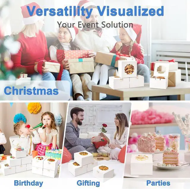 Alt view image 6 of 6 - 4-Inch Small Cookie Boxes 25 Pcs White - Bakery Treat Boxes with Window for Gifting, To-go Containers for Cake Slice, Macarons, Donuts 4x4x2.5