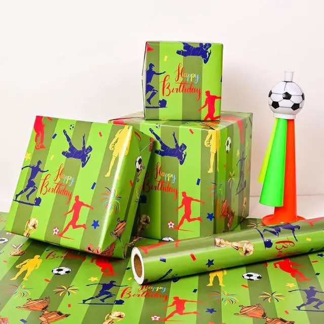 Alt view image 2 of 7 - Altarho Soccer Wrapping Paper Roll for Kids Girls Women - Green Grassy Football Sport Design Gift Wrap for Birthday Baby Shower Xmas Holiday Total 28.5sq.ft