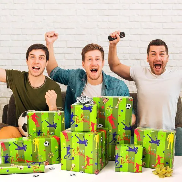 Alt view image 3 of 7 - Altarho Soccer Wrapping Paper Roll for Kids Girls Women - Green Grassy Football Sport Design Gift Wrap for Birthday Baby Shower Xmas Holiday Total 28.5sq.ft
