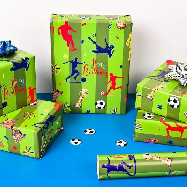 Alt view image 4 of 7 - Altarho Soccer Wrapping Paper Roll for Kids Girls Women - Green Grassy Football Sport Design Gift Wrap for Birthday Baby Shower Xmas Holiday Total 28.5sq.ft