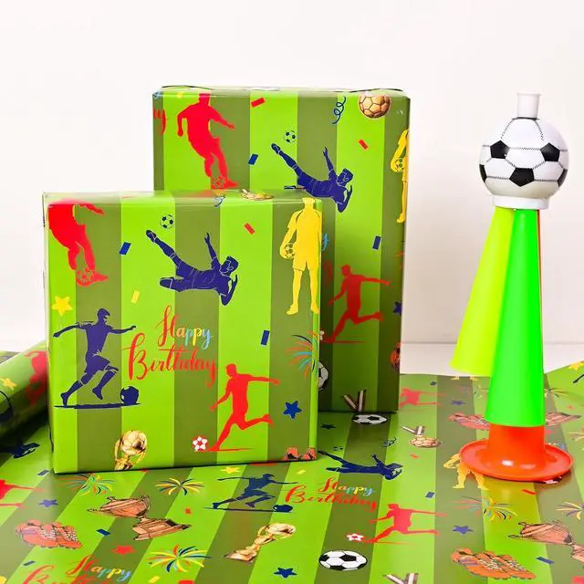 Alt view image 5 of 7 - Altarho Soccer Wrapping Paper Roll for Kids Girls Women - Green Grassy Football Sport Design Gift Wrap for Birthday Baby Shower Xmas Holiday Total 28.5sq.ft