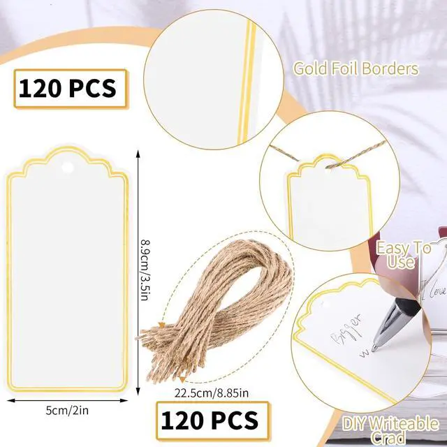 Alt view image 2 of 7 - 120 PCS Tags with String 3.5''×2'' Gold Foil Metallic Gift Tags