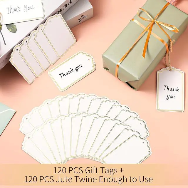 Alt view image 3 of 7 - 120 PCS Tags with String 3.5''×2'' Gold Foil Metallic Gift Tags