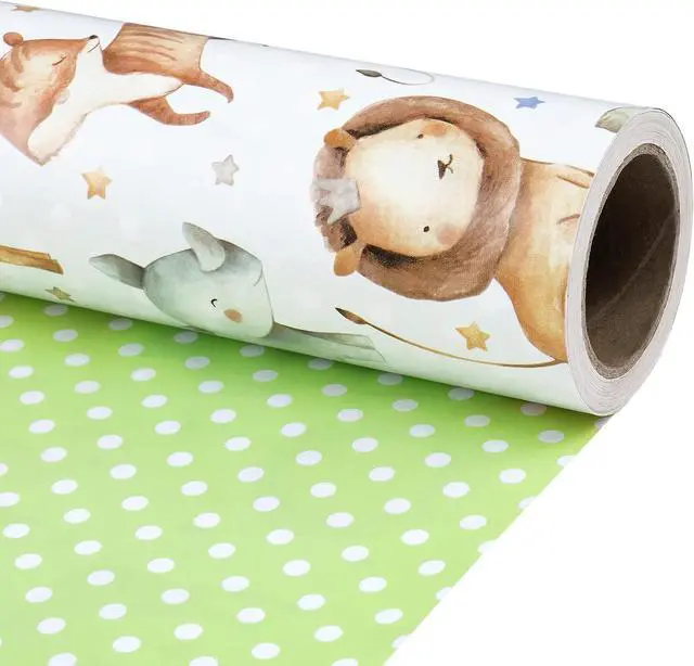 Main image of RUSPEPA Neutral Baby Shower Reversible Wrapping Paper Roll, Mini Roll, Cute Safari Jungle Animals & Green Polka Dots Gift Wrap for Kids' Birthday, Baby Shower, Nursery Celebrations, 17 Inch x 9.8 Feet