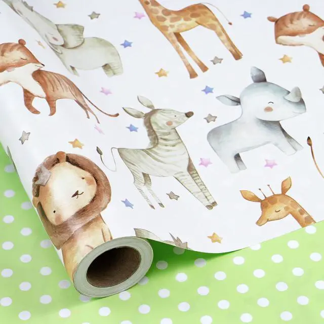 Alt view image 2 of 7 - RUSPEPA Neutral Baby Shower Reversible Wrapping Paper Roll, Mini Roll, Cute Safari Jungle Animals & Green Polka Dots Gift Wrap for Kids' Birthday, Baby Shower, Nursery Celebrations, 17 Inch x 9.8 Feet