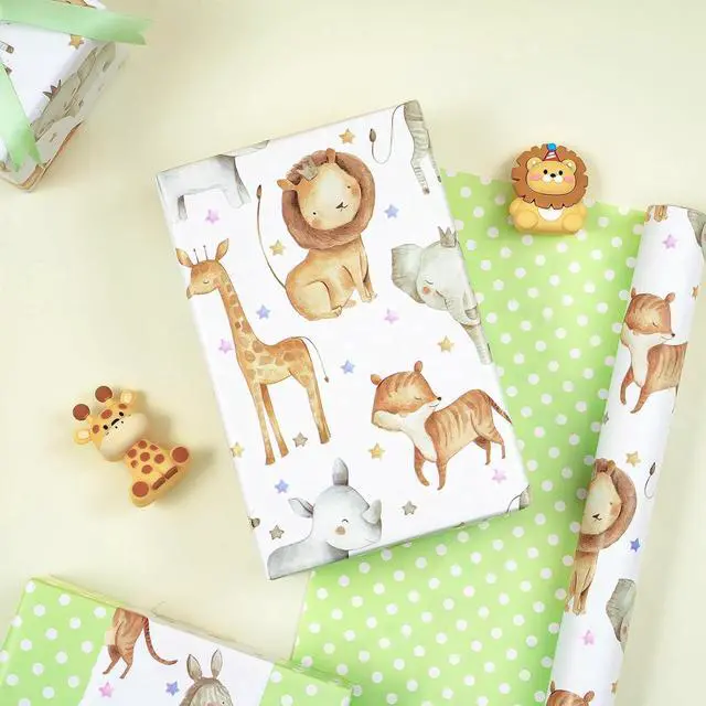 Alt view image 3 of 7 - RUSPEPA Neutral Baby Shower Reversible Wrapping Paper Roll, Mini Roll, Cute Safari Jungle Animals & Green Polka Dots Gift Wrap for Kids' Birthday, Baby Shower, Nursery Celebrations, 17 Inch x 9.8 Feet