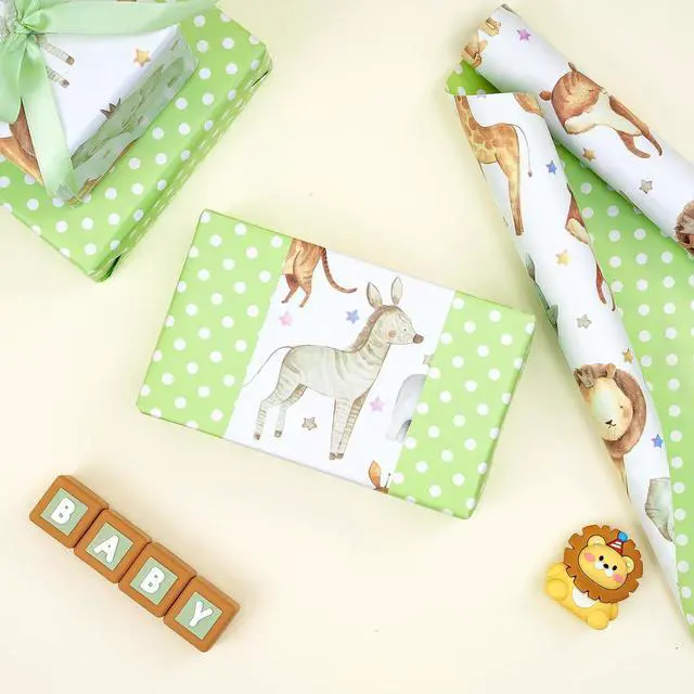 Alt view image 4 of 7 - RUSPEPA Neutral Baby Shower Reversible Wrapping Paper Roll, Mini Roll, Cute Safari Jungle Animals & Green Polka Dots Gift Wrap for Kids' Birthday, Baby Shower, Nursery Celebrations, 17 Inch x 9.8 Feet