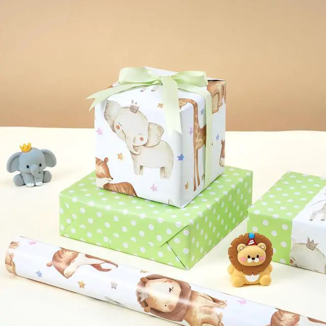 Alt view image 5 of 7 - RUSPEPA Neutral Baby Shower Reversible Wrapping Paper Roll, Mini Roll, Cute Safari Jungle Animals & Green Polka Dots Gift Wrap for Kids' Birthday, Baby Shower, Nursery Celebrations, 17 Inch x 9.8 Feet