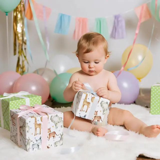 Alt view image 6 of 7 - RUSPEPA Neutral Baby Shower Reversible Wrapping Paper Roll, Mini Roll, Cute Safari Jungle Animals & Green Polka Dots Gift Wrap for Kids' Birthday, Baby Shower, Nursery Celebrations, 17 Inch x 9.8 Feet