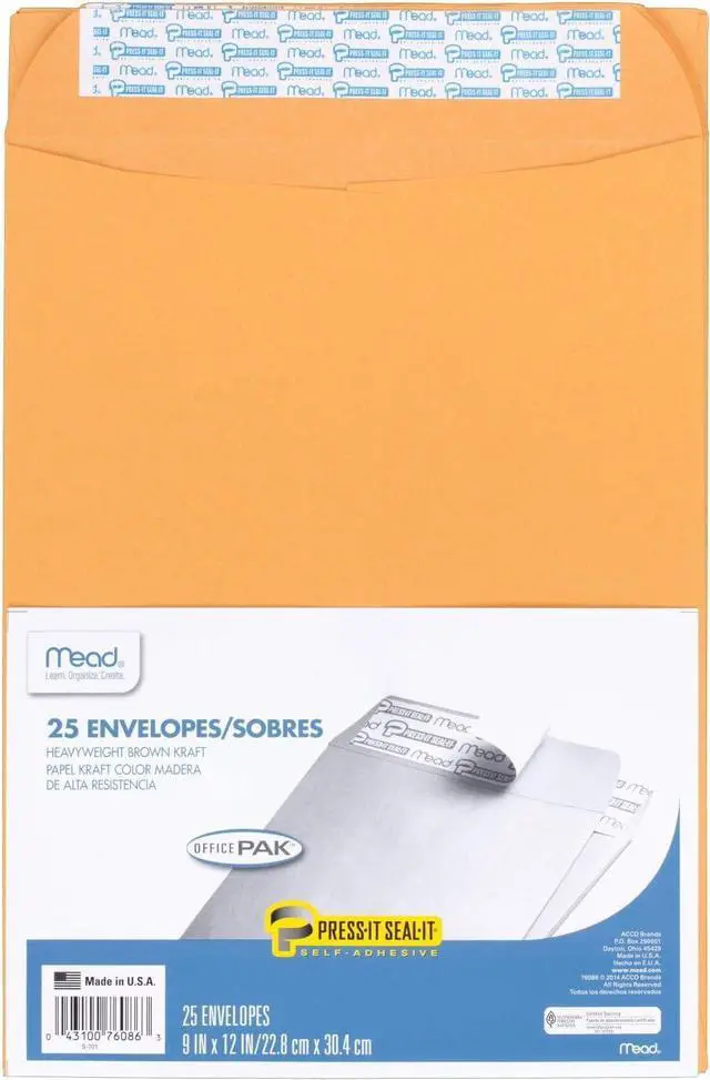 Main image of Mead Envelopes, Letter Size 9" x 12", Press-It Seal-It Self Adhesive Closure, Brown Kraft All-Purpose 24-lb Paper, Manila Mailing Envelopes, 25 Count (76086)