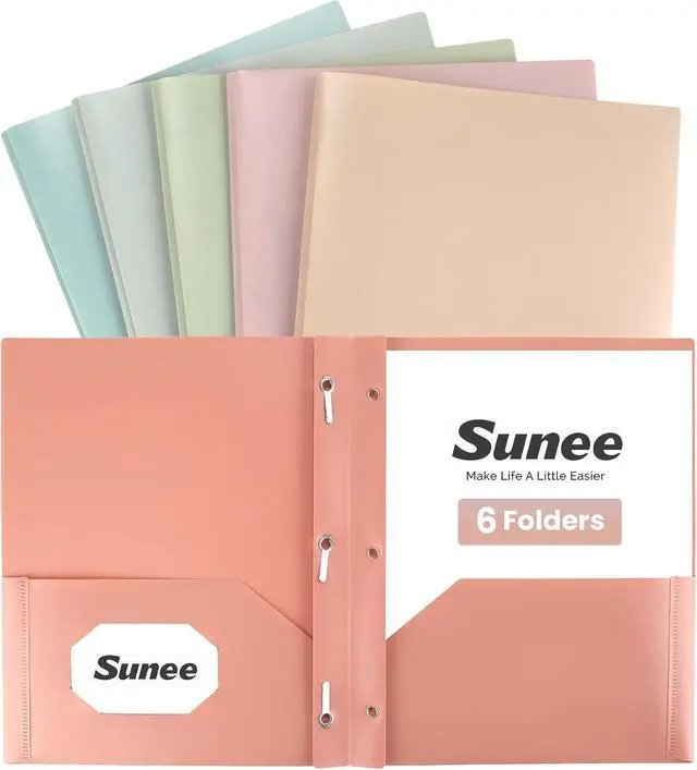 Main image of SUNEE 3-Prong Plastic Folders with Pockets (6 Pack, Vintage Colors) 2 Pocket Folders with Fasteners, Tear-Resistant Plastic Pockets, and Fit Letter Size Paper, Use for School Office Home Business