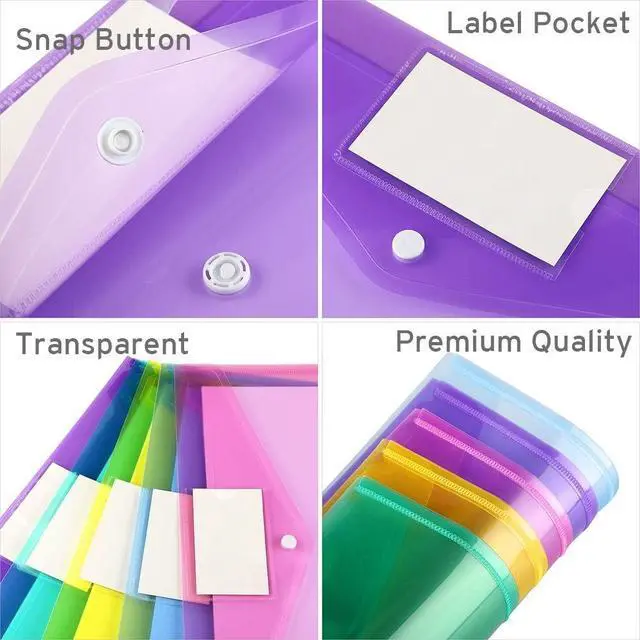 Alt view image 4 of 7 - Sooez 12 Pack Folders Plastic Envelopes with Snap Closure, Clear Plastic File Folder for Document, Letter A4 Size Poly File Envelopes with Label Pocket for Home Work Office Organizer, 6 Colors