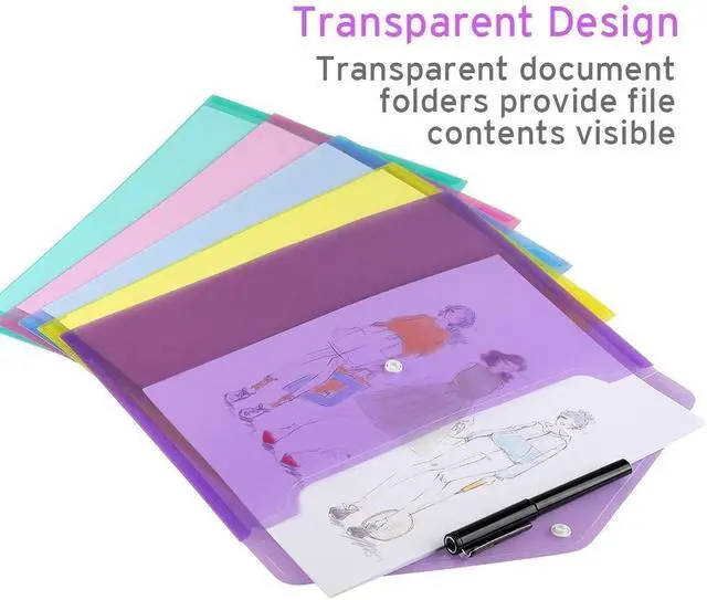 Alt view image 5 of 7 - Sooez 12 Pack Folders Plastic Envelopes with Snap Closure, Clear Plastic File Folder for Document, Letter A4 Size Poly File Envelopes with Label Pocket for Home Work Office Organizer, 6 Colors