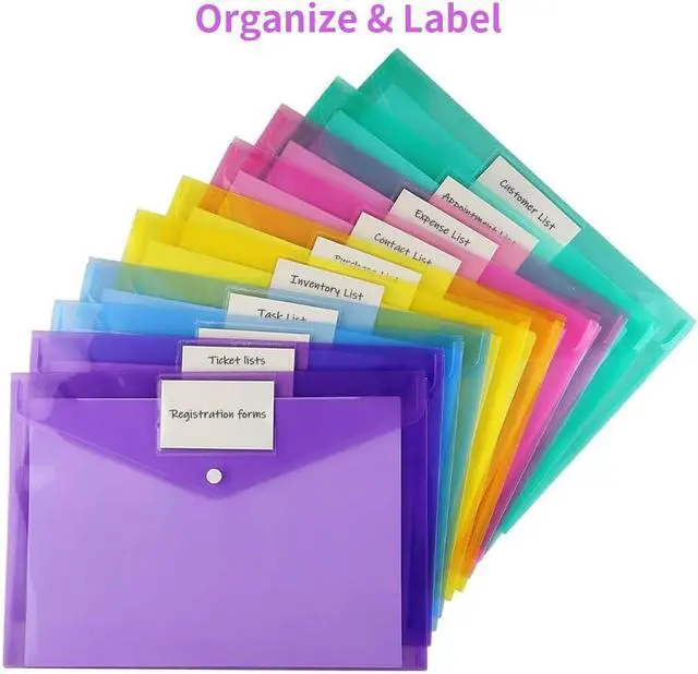 Alt view image 3 of 7 - Sooez 12 Pack Folders Plastic Envelopes with Snap Closure, Clear Plastic File Folder for Document, Letter A4 Size Poly File Envelopes with Label Pocket for Home Work Office Organizer, 6 Colors