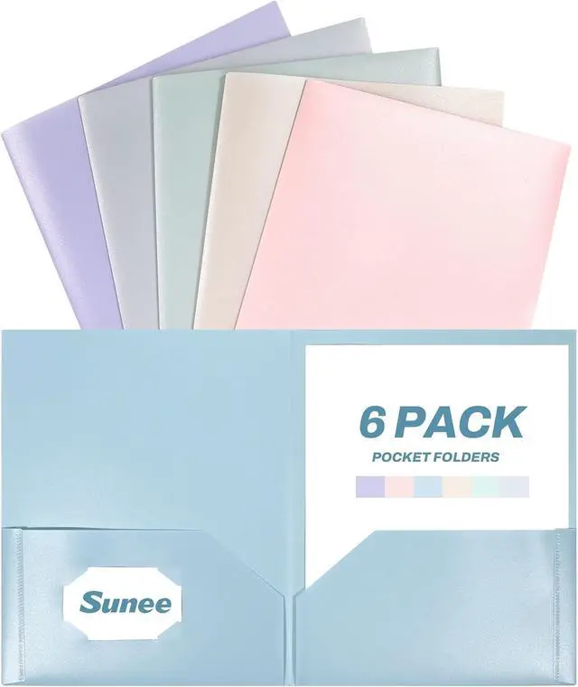 Main image of SUNEE Folders with Pockets (6 Pack, Pastel Colors), Plastic Folder with Pocket, Poly Folder for Documents Letter Size, 2 Pocket Folders for Kids, Home, School, Office