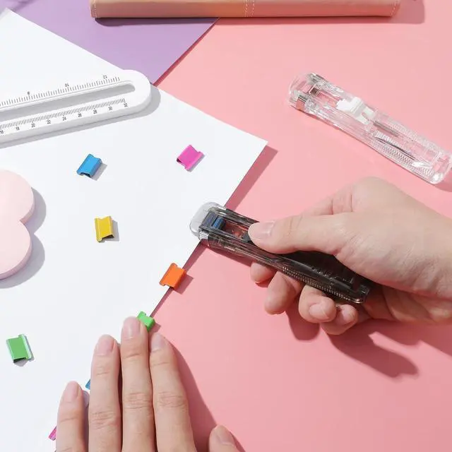 Alt view image 5 of 7 - Housoutil Portable Binder Clip Stapler, 2 Pack Mini Push Stapler Handheld, Mini Push Clamp Dispenser with Reusable 50PCS Colorful and 50PCS Silver Clip for Fixing Documents Home School Desk Office