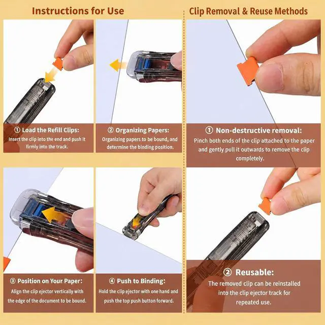 Alt view image 2 of 7 - Housoutil Portable Binder Clip Stapler, 2 Pack Mini Push Stapler Handheld, Mini Push Clamp Dispenser with Reusable 50PCS Colorful and 50PCS Silver Clip for Fixing Documents Home School Desk Office