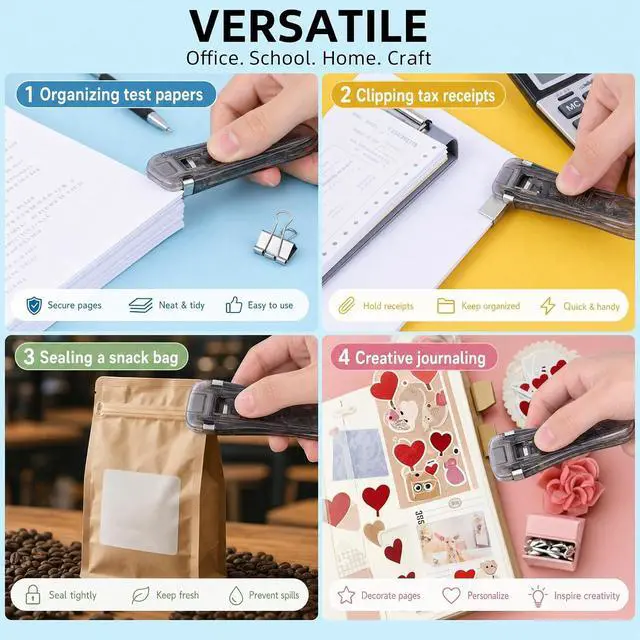 Alt view image 6 of 7 - Housoutil Portable Binder Clip Stapler, 2 Pack Mini Push Stapler Handheld, Mini Push Clamp Dispenser with Reusable 50PCS Colorful and 50PCS Silver Clip for Fixing Documents Home School Desk Office