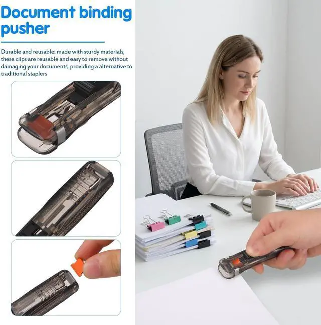 Alt view image 7 of 7 - Housoutil Portable Binder Clip Stapler, 2 Pack Mini Push Stapler Handheld, Mini Push Clamp Dispenser with Reusable 50PCS Colorful and 50PCS Silver Clip for Fixing Documents Home School Desk Office